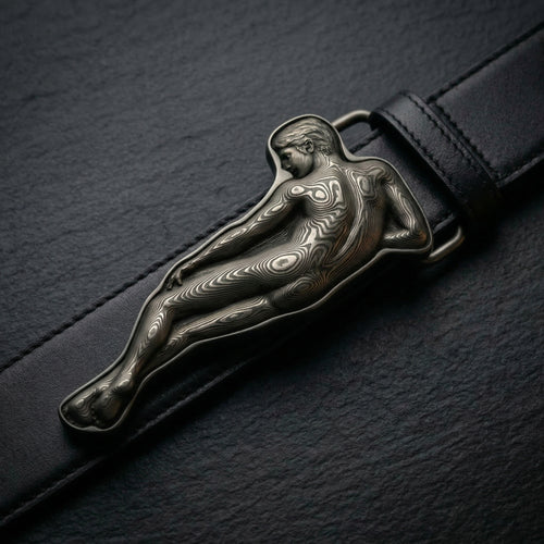 Black leather belt with a silver buckle featuring a nude figure on a dark background